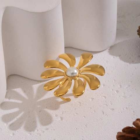 Verstellbarer Blumenring Aus Edelstahl Gold Vergoldet Mit Künstlicher Künstliche Perle Gänseblümchen Design Hypoallergen Schmuck Für Damen