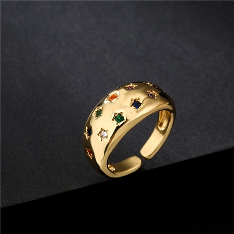 Star Open Ring Adjustable Copper Gold Plated Colorful Cubic Zirconia Geometric Hollow Trendy Jewelry For Women