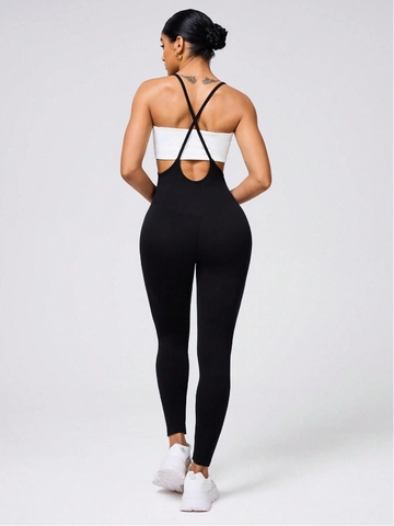 Dames Yoga Unitard Hoge Taille Jumpsuit Polyamide Elastaan Kruislingse Rug Fitness Pilates Bodysuit Sexy Zwart