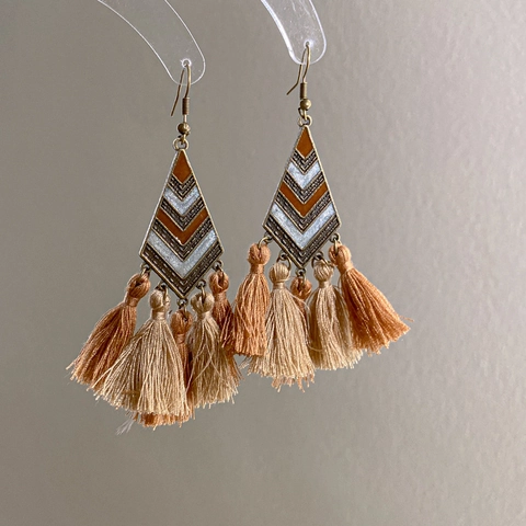 Bohemian Ethnic Tassel Drop Earrings For Women Vintage Alloy Cotton Thread Enamel Geometric Dangle Jewelry Gift