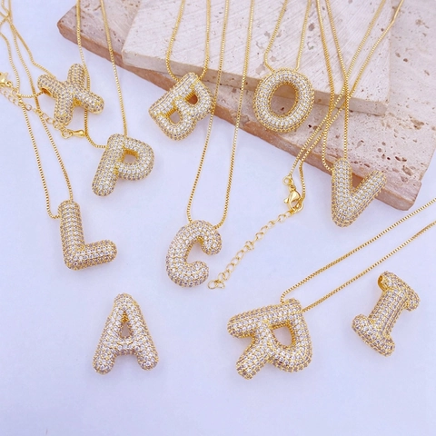 3D Bubble Letter Pendant Necklace Copper Zirconia Iced Out Hip Hop A-Z Alphabet Jewelry For Men Women Gold Silver Gift