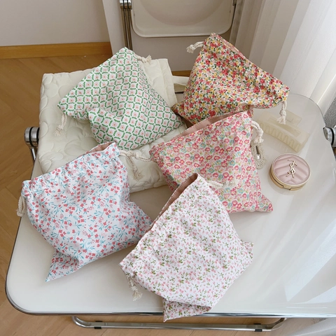 Floral Drawstring Pouch Cotton Canvas Mini Storage Bag For Cosmetics Cellphone Small Travel Organizer Fresh Sweet