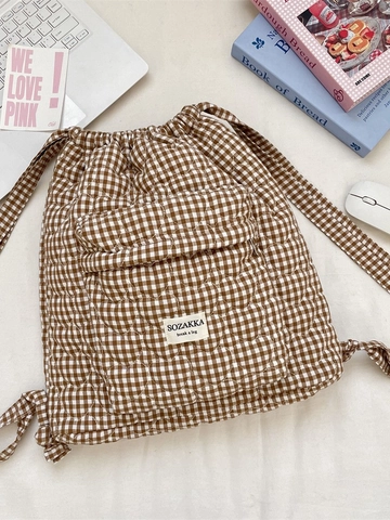 Zaino Con Coulisse Trapuntato Motivo Cuore Gingham Plaid Moda Borsa Casual Leggera Per Studenti Donne Pendolari