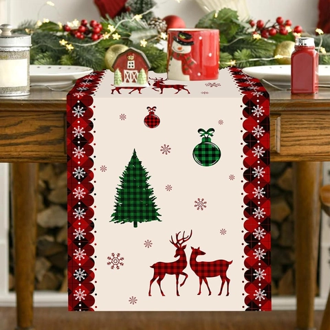 Kerst Tafelloper Polyester Rendier Boom Ruitpatroon Sneeuwvlokken Feestdagen Eettafel Decoratie Festief