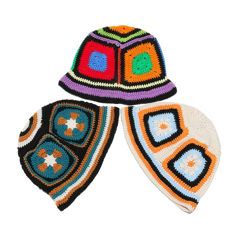Häkel-Anglerhut Handgefertigter Acrylstrick Granny Square Patchwork Böhmischer Retro-Ethno-Stil Für Damen