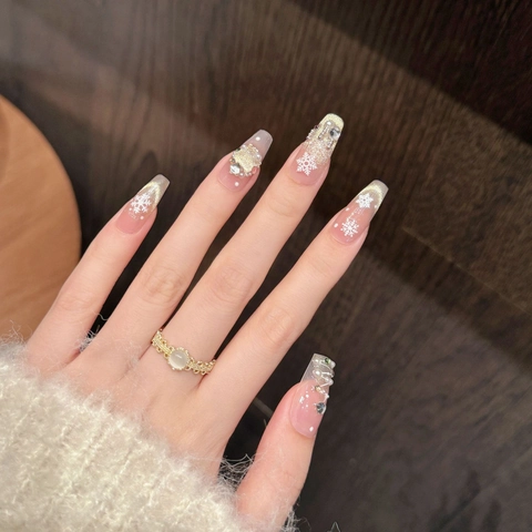 Handmade Press On Nails With Snowflake Design Rhinestones Artificial Pearls Champagne Gold Cat Eye Winter Christmas For Women
