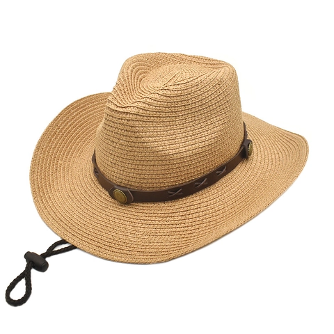 Chapeau De Cow-Boy En Paille Tissé Large Bord Bande En Cuir Concho Métallique Corde À Vent Été Protection Solaire
