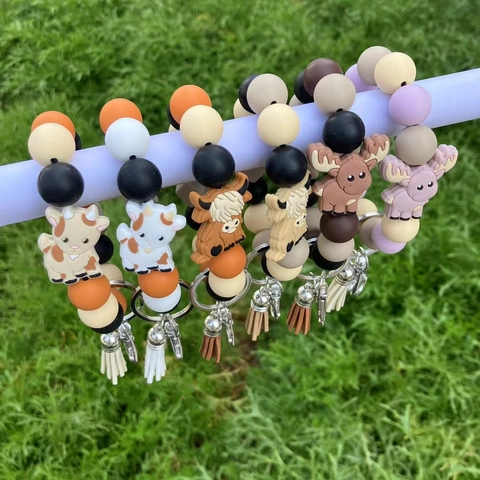 Silicone Beaded Bracelet Keychain With Cartoon Animal Charm And Faux Leather Tassel Elastic Wristlet For Women