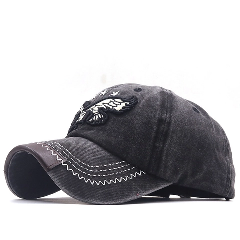 Vintage Washed Cotton Denim Baseball Cap With Eagle Embroidery Leather Trim Adjustable Retro Sun Hat For Men Women