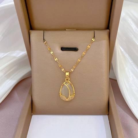 Tulp Bloem Hanger Ketting Titanium Staal Verguld Koper Met Kattenoog Steen En Zirkoon Luxe Elegant Sieraden Voor Dames