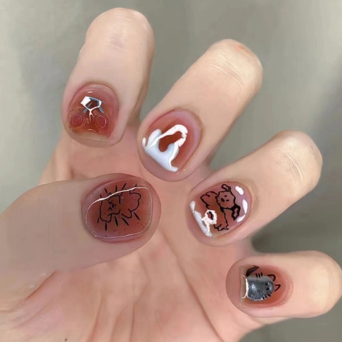 Schattige Hond Kat Press On Nagels Glanzende Korte Ronde Kunstnagels Met 3D Reliëf Smudge Voor Vrouwen Zoete Manicure Stijl