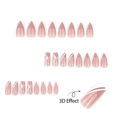 Press On Nails Frans V-Shape 3D Witte Bloem Lange Coffin Kunstnagels Elegante Nude Roze Manicure Voor Vrouwen Glanzend