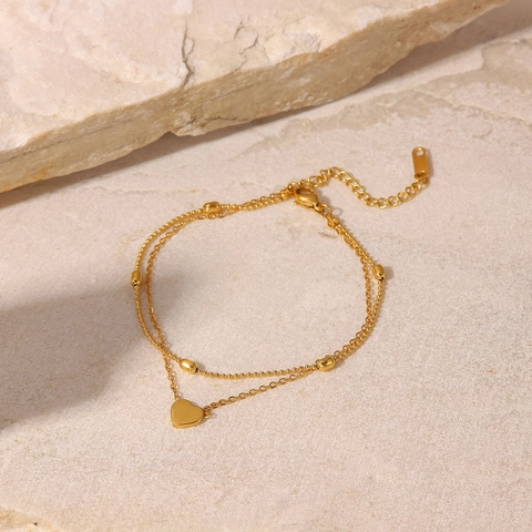 Lagiges Herzanhänger Fußkettchen Damen 18K Vergoldeter Edelstahl Ovalperlenkette Minimalistischer Fußschmuck Verstellbar