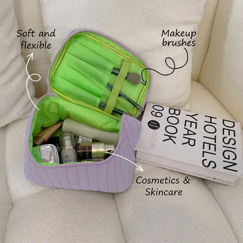 Neceser Acolchado Gran Capacidad Bolsa De Aseo Portátil Con Asa Fruncida Color De Contraste Organizador De Maquillaje Suave