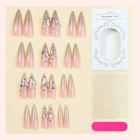 Long Almond Press On Nails Nude Pink Gold Glitter Gradient Rhinestone Luxury Handmade Fake Nails Stiletto French Style