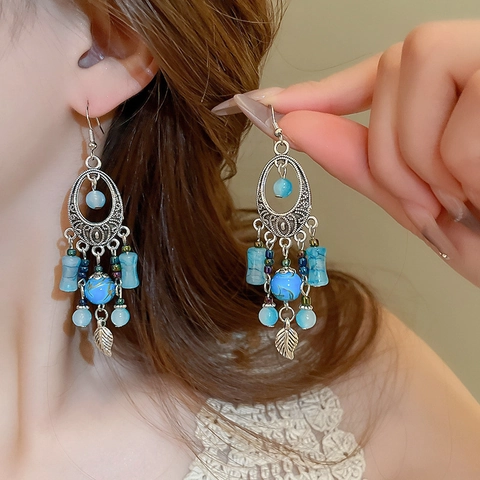 Bohemian Dangle Earrings Vintage Ethnic Geometric Leaf Alloy Bead Tassel With Silver Earring Post For Women