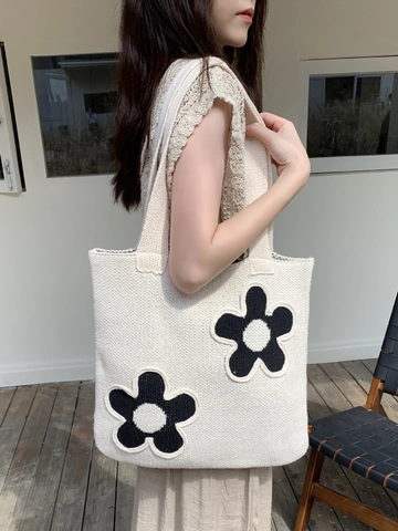Flower Pattern Knitted Tote Bag For Women Crochet Yarn Shoulder Bag Casual Hollow Out Handbag Shopping Bag Daily Versatile