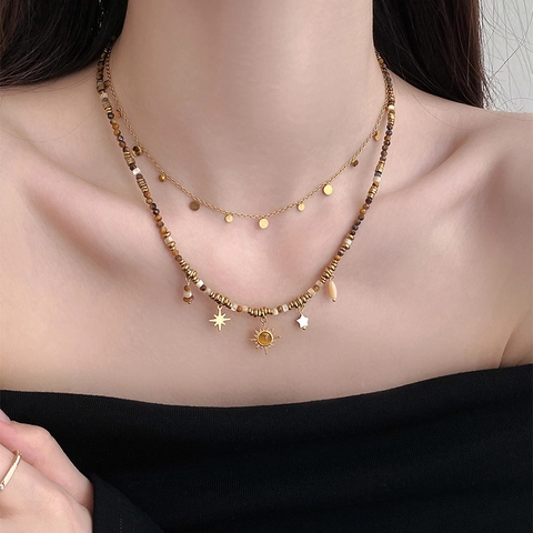 Doppellagige Halskette Boho Tigerauge Stein Perlen Sonne Stern Anhänger Retro Edelstahl Legierung Schmuck Damen