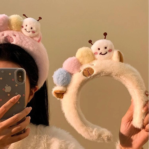 Diadema De Peluche Linda Tela Suave Dibujos Animados Oruga Oso Capibara Pompones De Colores Para Maquillaje Lavado De Cara