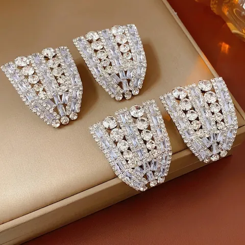 Fan Shaped Statement Earrings For Women With Silver Earring Post Copper Full Zircon Retro Luxury Banquet Jewelry