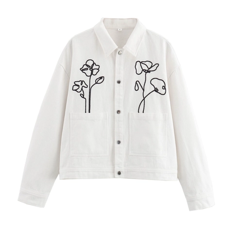 Dames Jas Met Bloemprint Borduurwerk Lange Mouwen Revers Wit Polyester Kort Buitenkleed Knoopsluiting Mode Casual Elegant