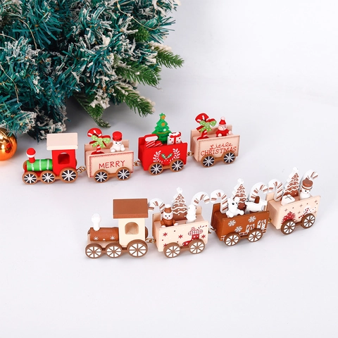 Wooden Christmas Mini Train Four Sections Ornament Festive Desktop Decoration Snowman Tree Table Centerpiece Xmas Gift