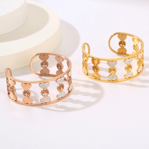 Bracciale Rigido Albero Della Vita Cuore In Acciaio Inossidabile Cavo Con Strass Bianchi Gioielli Da Donna