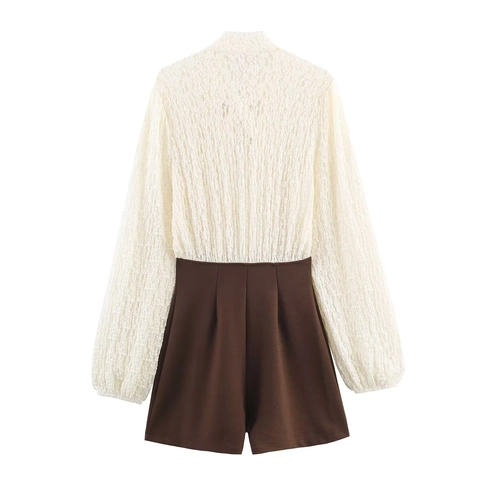 Mono Corto Para Mujer Encaje Patchwork Manga Larga Lazo Cuello Cintura Alta Color En Contraste Estilo Francés Elegante