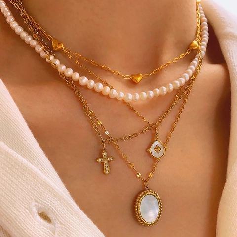 French Style Titanium Steel Gold Plated Layered Necklace Set For Women Artificial Pearl Cross Heart Shell Pendant Jewelry