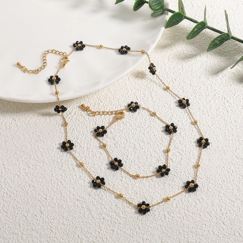 Stainless Steel Necklace And Bracelet 18K Gold Plated Jewelry With Black Agate Flower Daisy Motif Minimalist Elegant For Women