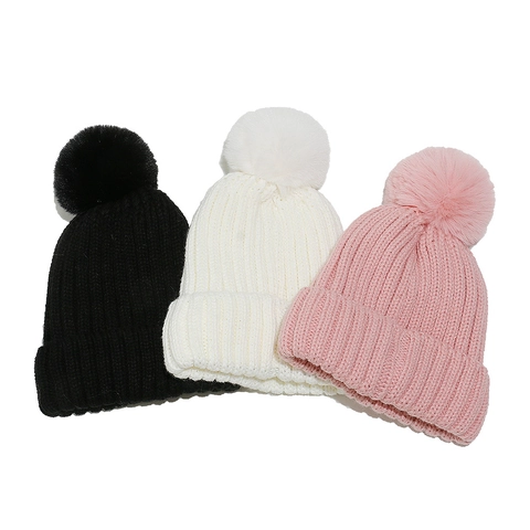 Knitted Winter Beanie Hat Faux Fur Pom-pom Thick Velvet Lining Ribbed Acrylic Warm Solid Color For Women Men
