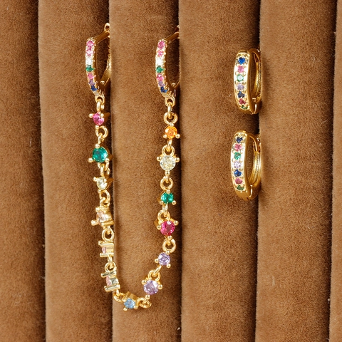 Rainbow Colorful Zircon Chain Linked Double Hoop Earrings Copper 18K Gold Plated Fashion Jewelry For Women