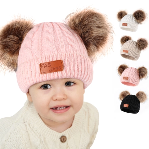 Neue Herbst Winter Baby Kinder Strickmütze Doppel Pompon Warm Zopfmuster Weiche Acryl Kleinkind Mützen Outdoor Hut