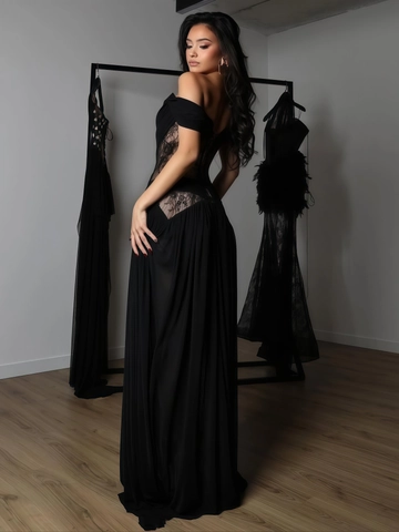 Abito Da Sera Nero Sexy In Pizzo Spalle Scoperte Intagliato Spacco Alto Maxi Elegante Lungo Abito Da Ballo Per Donna