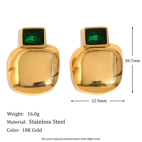 Quadratische Grüne Zirkon Ohrstecker Edelstahl 18K Vergoldet Geometrisch Irregulär Vintage Mode Für Damen