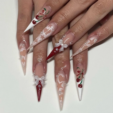 Uñas Postizas Stiletto Extra Largas Patrón De Cereza Con Lazo 3D Perla Artificial Corazón Estrella Decoraciones Estilo Francés