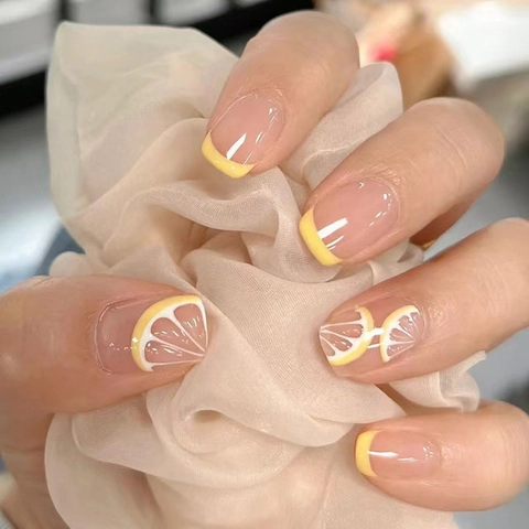 Uñas Postizas Press On Amarillas French Tip Patrón Limón Verano Brillante Cuadradas Redondas Para Mujer