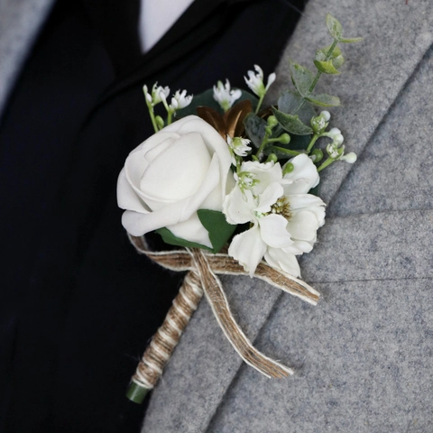 White Artificial Rose Boutonniere With PE Foam Flower Eucalyptus And Jute Twine Rustic Wedding Groom Party Accessory