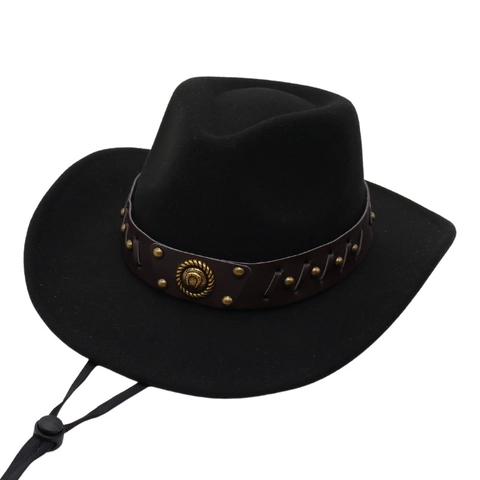 Western Cowboy Hat Retro Felt Fedora Wide Brim With Leather Rivet Band And Adjustable Windproof Rope For Men Women