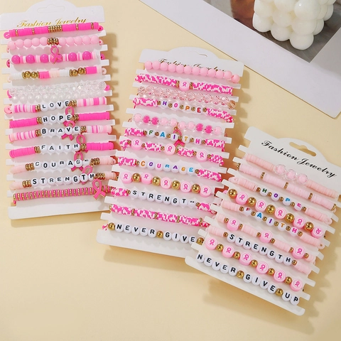 Pink Ribbon Breast Cancer Awareness Multi-layer Beaded Bracelet Polymer Clay Acrylic Letter Inspirational Jewelry For Women