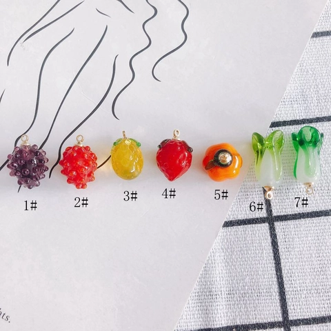 Dijes Frutas Verduras Vidrio Lampwork DIY Joyería Fresa Uva Piña Col Colgantes Aro Metálico