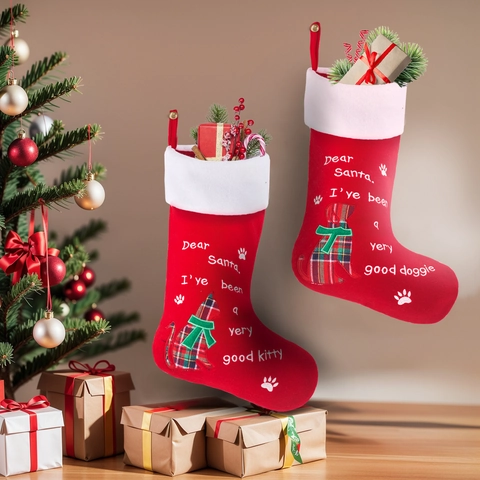 Christmas Stockings Red Felt White Plush Large Pet Theme Dog Cat Plaid Holiday Fireplace Home Decor Hanging Bag