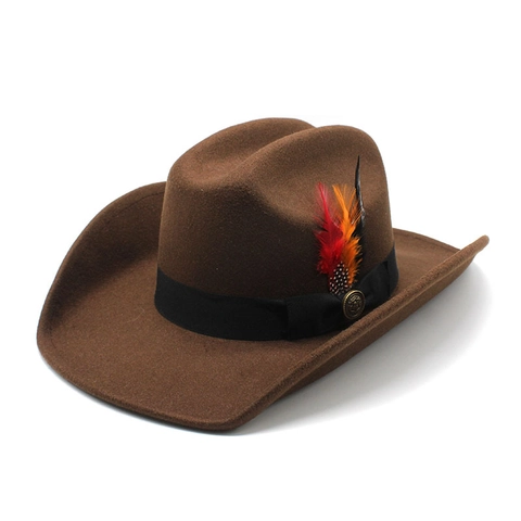 Western Cowboy Hoed Vilt Wollen Brede Rand Veer Decor Retro Etnische Stijl Outdoor Zonnescherm Fedora Voor Heren Dames