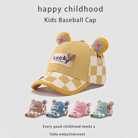 Cappello Da Baseball Bambini Cotone Scacchiera Con Orecchie 3D Orso Cartone Animato Regolabile Ragazzi Ragazze