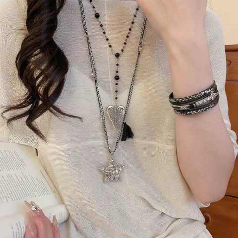 Vintage Gothic Legering Sieraden Kettingen En Armband Hart Ster Kruis Hangers Geweven Touw Leer Koord Voor Dames