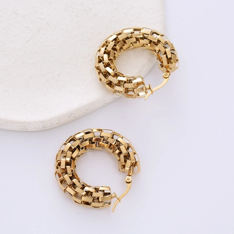 Round Hoop Earrings 18K Gold Plated 316L Stainless Steel Woven Mesh Snake Skin Pattern Fashion For Women