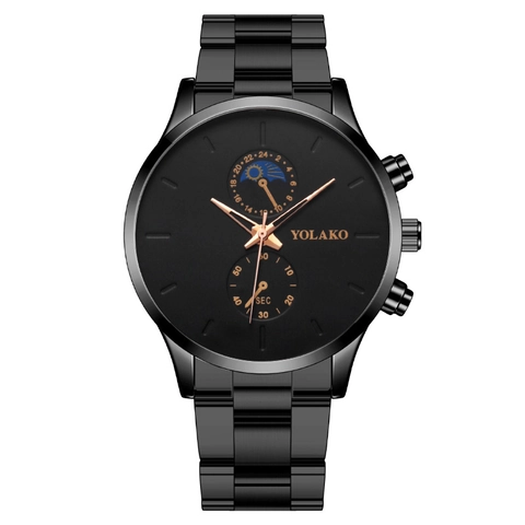 YOLAKO Orologio da Uomo al Quarzo Moda Cassa in Lega Cinturino in Acciaio Inossidabile Fase Lunare Sotto-Quadranti Orologio da Polso Nero