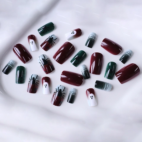 Halloween Press On Nails Spider Ghost Pattern Medium Square Glossy ABS Artificial Nails Festive Party Decors For Women