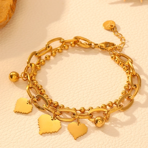 Stainless Steel Double Layer Heart Bracelet Gold Silver Bead Link Chain For Women Fashion Jewelry Elegant Adjustable Gift