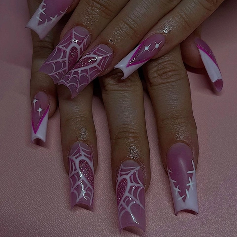 Pink And White Press On Nails Long Ballerina Shape Spider Web Heart Pattern Star Glitter Halloween Gothic Style Fake Nails